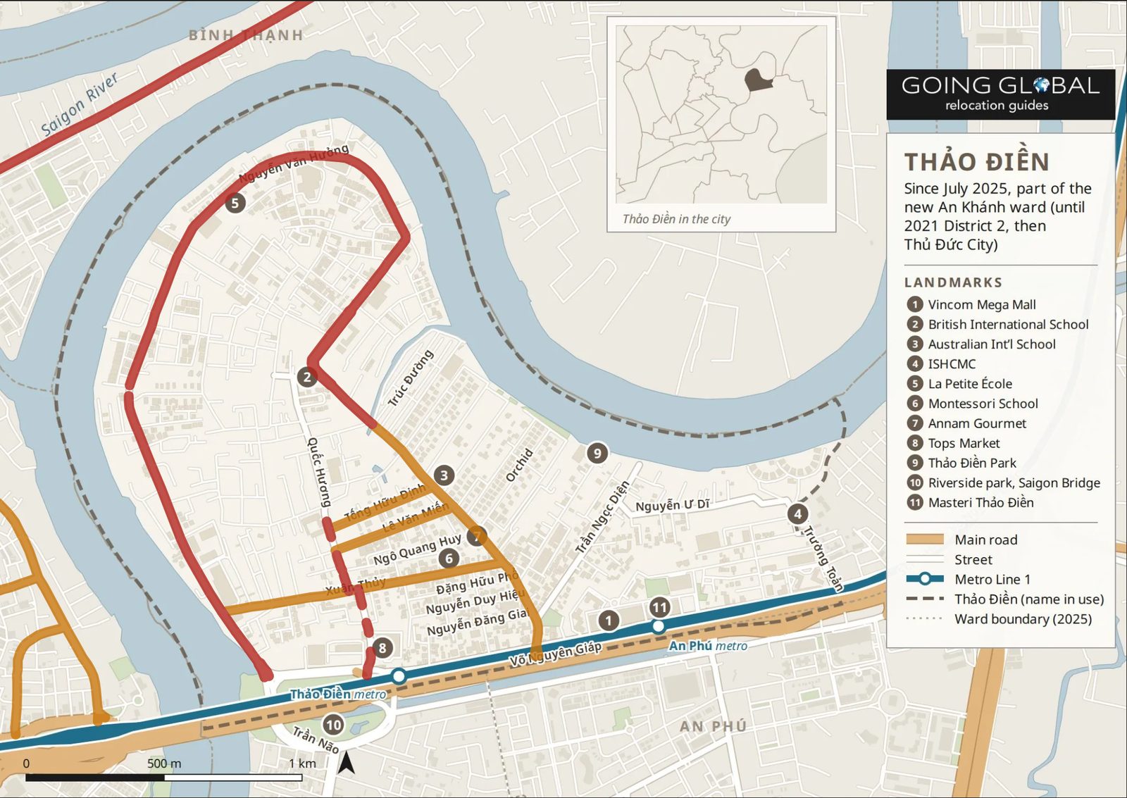 The Thảo Điền flood map, with the streets reported flooding drawn on